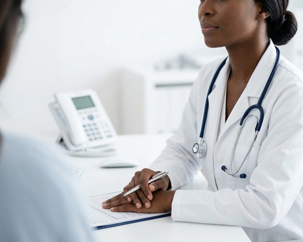 doctor, woman, female, black, african american, medical, healthcare, consultation, patient, office, clinic, professional, white coat, stethoscope, pen, clipboard, desk, attentively, medicine, ai generated